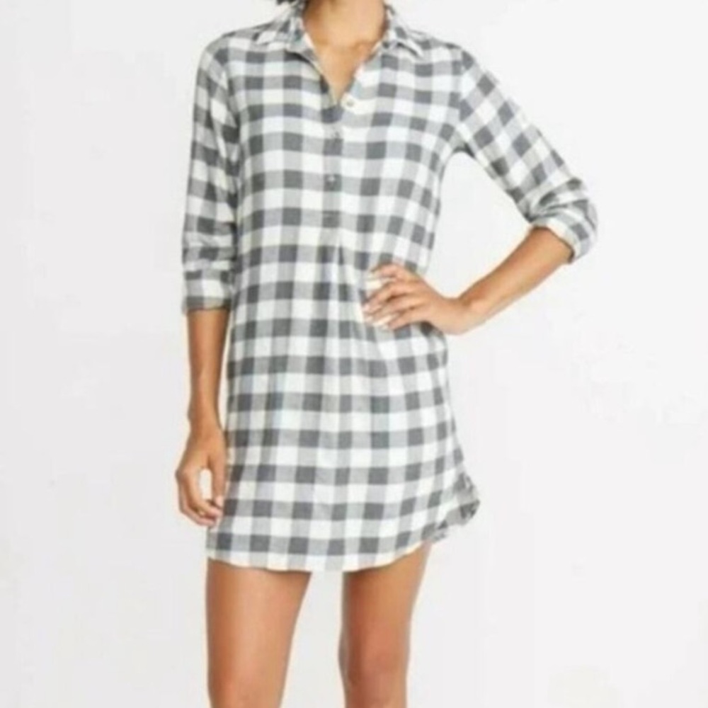 MARINE LAYER Effie Black/Off White Buffalo Check Flannel Popover Mini Dress XS